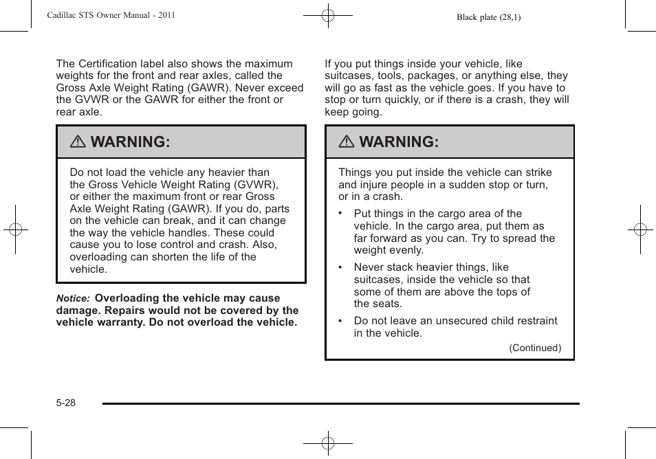 Warning | Cadillac 2011 STS User Manual | Page 340 / 528