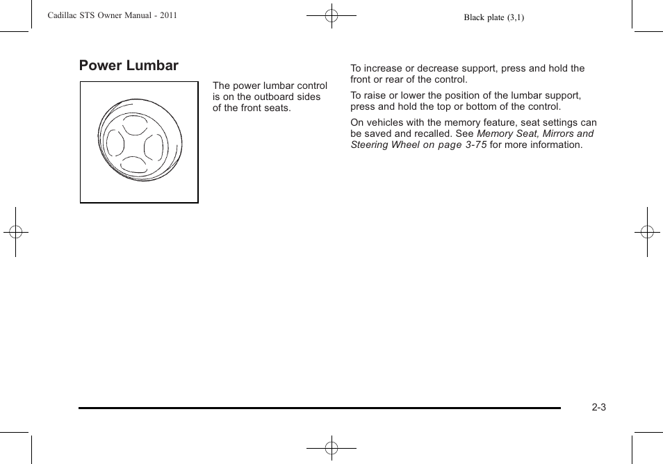 Power lumbar, Power lumbar -3 | Cadillac 2011 STS User Manual | Page 35 / 528