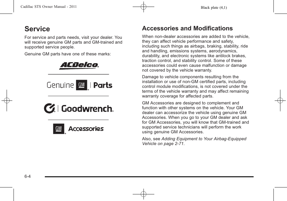 Service, Accessories and modifications, Service -4 | Accessories and modifications -4 | Cadillac 2011 STS User Manual | Page 354 / 528