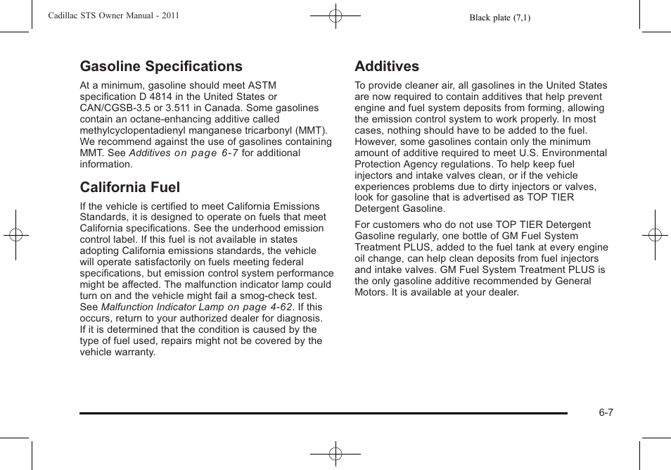 Gasoline specifications, California fuel, Additives | Cadillac 2011 STS User Manual | Page 357 / 528