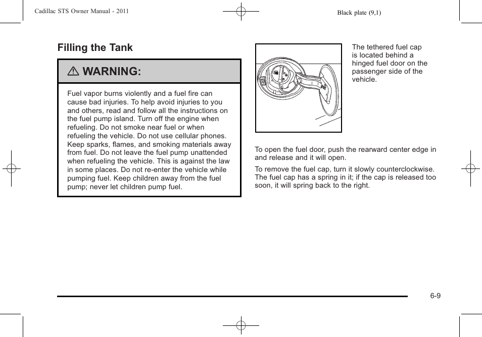 Filling the tank, Filling the tank -9, Warning | Cadillac 2011 STS User Manual | Page 359 / 528