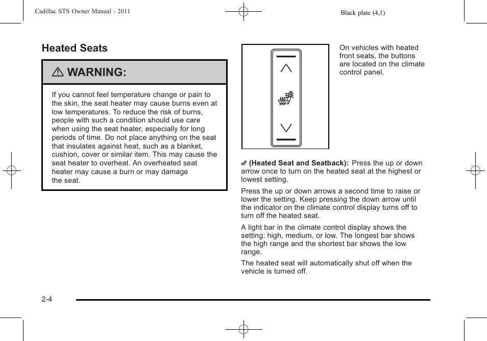 Heated seats, Heated seats -4, Warning | Cadillac 2011 STS User Manual | Page 36 / 528