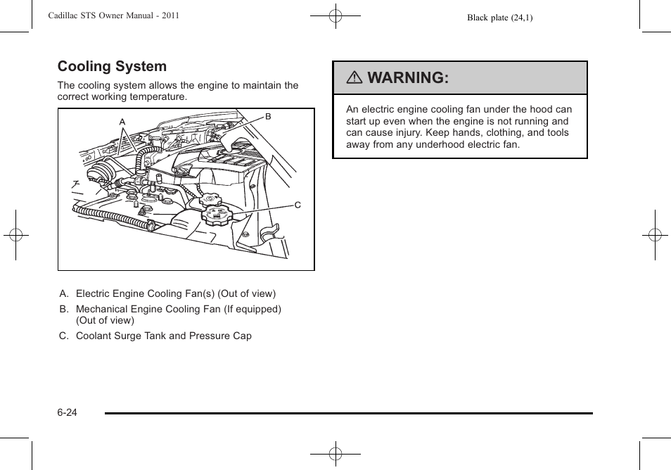 Cooling system, Cooling system -24, Warning | Cadillac 2011 STS User Manual | Page 374 / 528