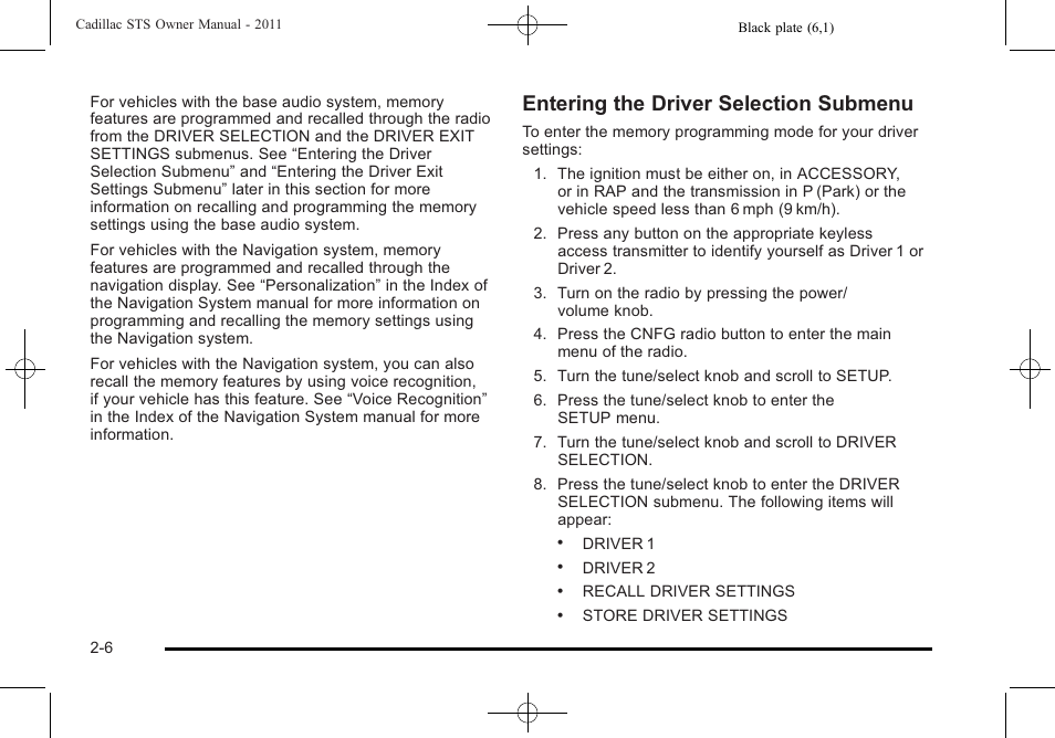 Entering the driver selection submenu | Cadillac 2011 STS User Manual | Page 38 / 528