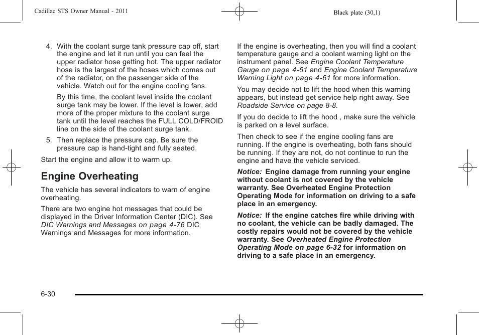 Engine overheating, Engine overheating -30 | Cadillac 2011 STS User Manual | Page 380 / 528