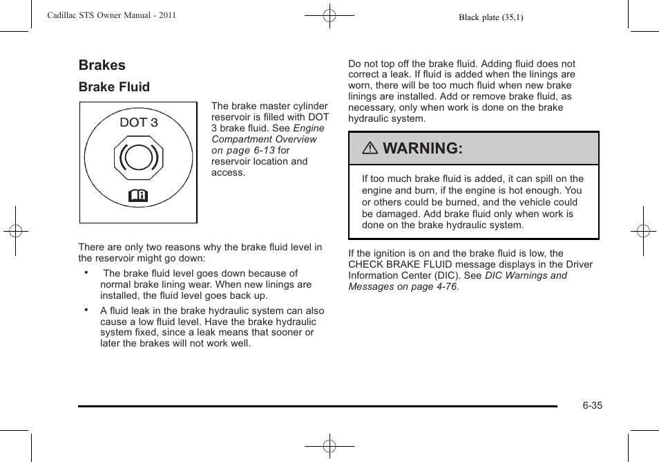 Brakes, Brakes -35, Warning | Brake fluid | Cadillac 2011 STS User Manual | Page 385 / 528