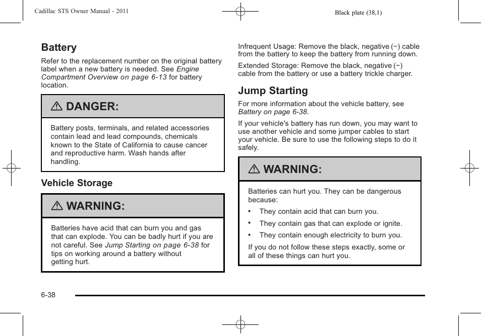 Battery, Jump starting, Battery -38 jump starting -38 | Danger, Warning | Cadillac 2011 STS User Manual | Page 388 / 528