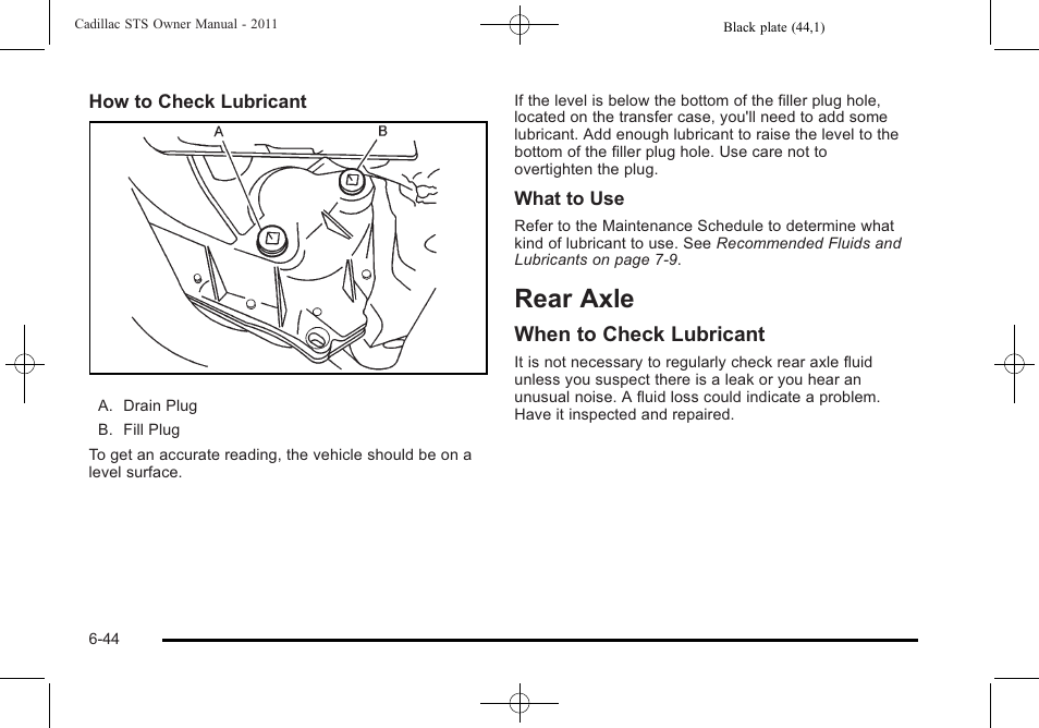 Rear axle, Rear axle -44, When to check lubricant | Cadillac 2011 STS User Manual | Page 394 / 528