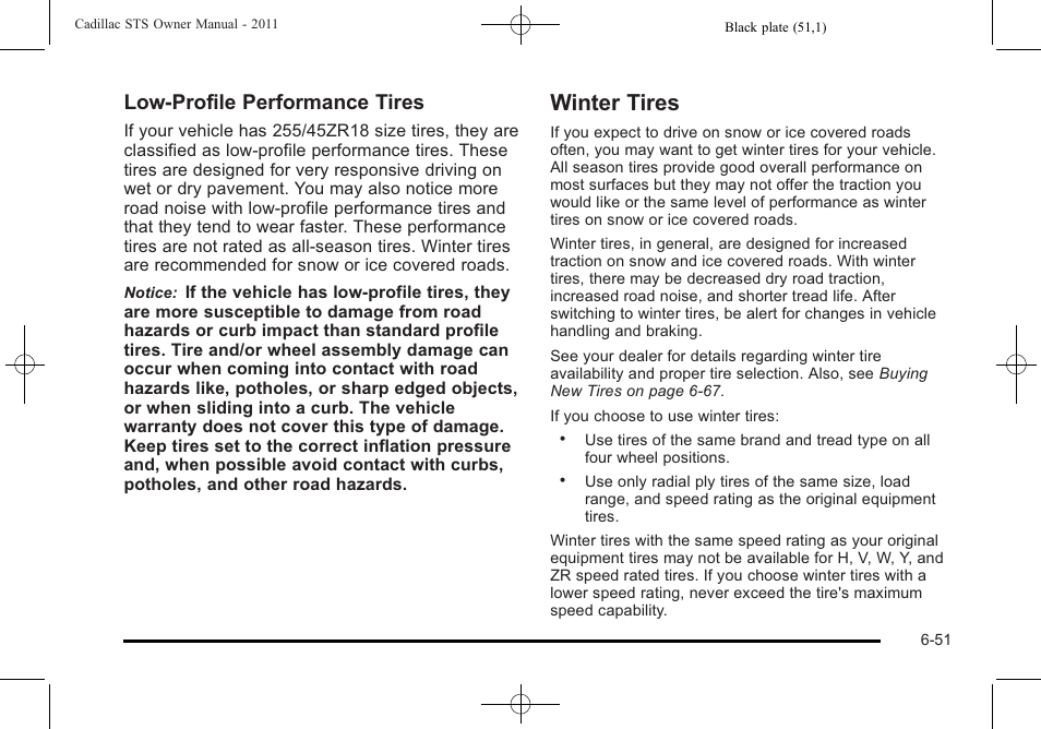 Winter tires, Winter tires -51, Low‐profile performance tires | Cadillac 2011 STS User Manual | Page 401 / 528