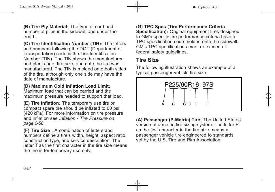 Tire size | Cadillac 2011 STS User Manual | Page 404 / 528