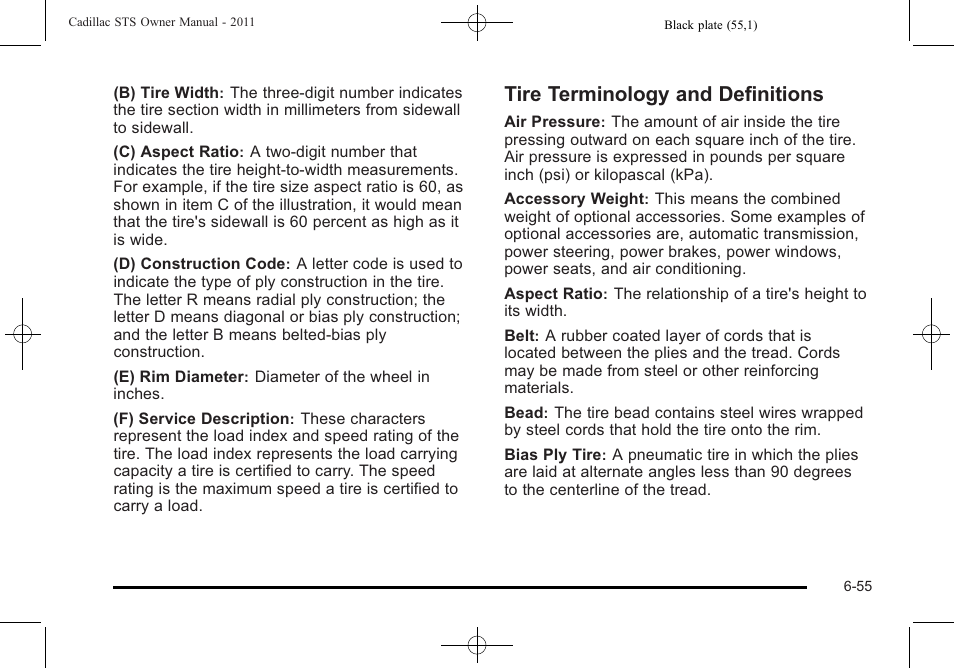 Tire terminology and definitions, Tire terminology and definitions -55 | Cadillac 2011 STS User Manual | Page 405 / 528