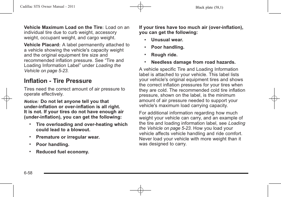 Inflation - tire pressure, Tire pressure -58 | Cadillac 2011 STS User Manual | Page 408 / 528