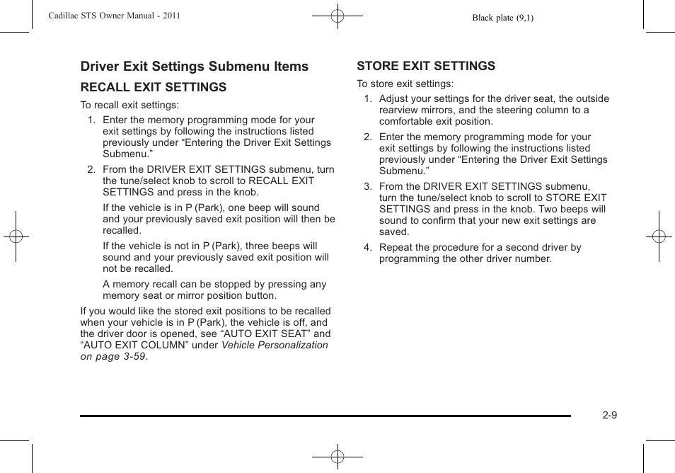 Driver exit settings submenu items | Cadillac 2011 STS User Manual | Page 41 / 528