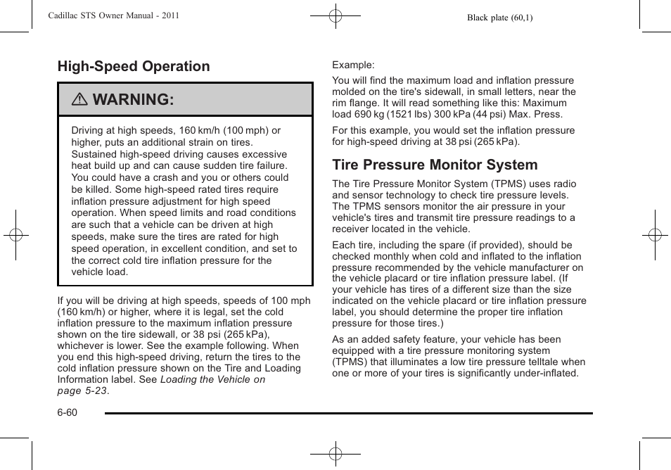 High-speed operation, Tire pressure monitor system, High-speed operation -60 | Tire pressure monitor system -60, Warning | Cadillac 2011 STS User Manual | Page 410 / 528