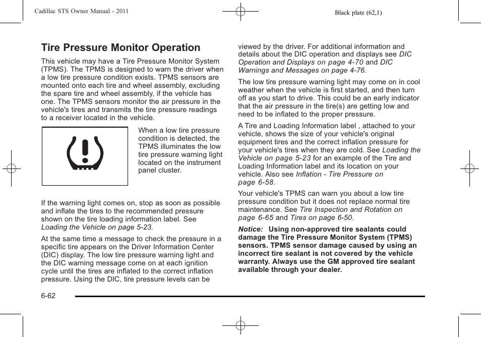 Tire pressure monitor operation, Tire pressure monitor operation -62 | Cadillac 2011 STS User Manual | Page 412 / 528