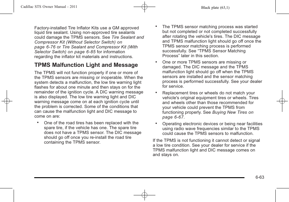 Tpms malfunction light and message | Cadillac 2011 STS User Manual | Page 413 / 528