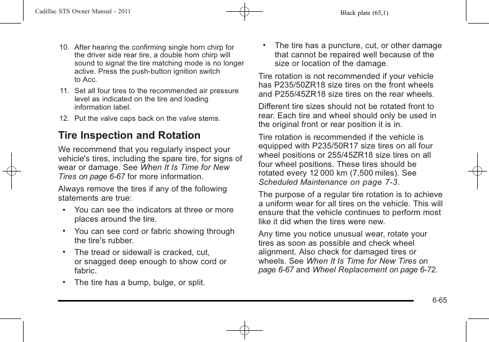 Tire inspection and rotation, Tire inspection and rotation -65 | Cadillac 2011 STS User Manual | Page 415 / 528