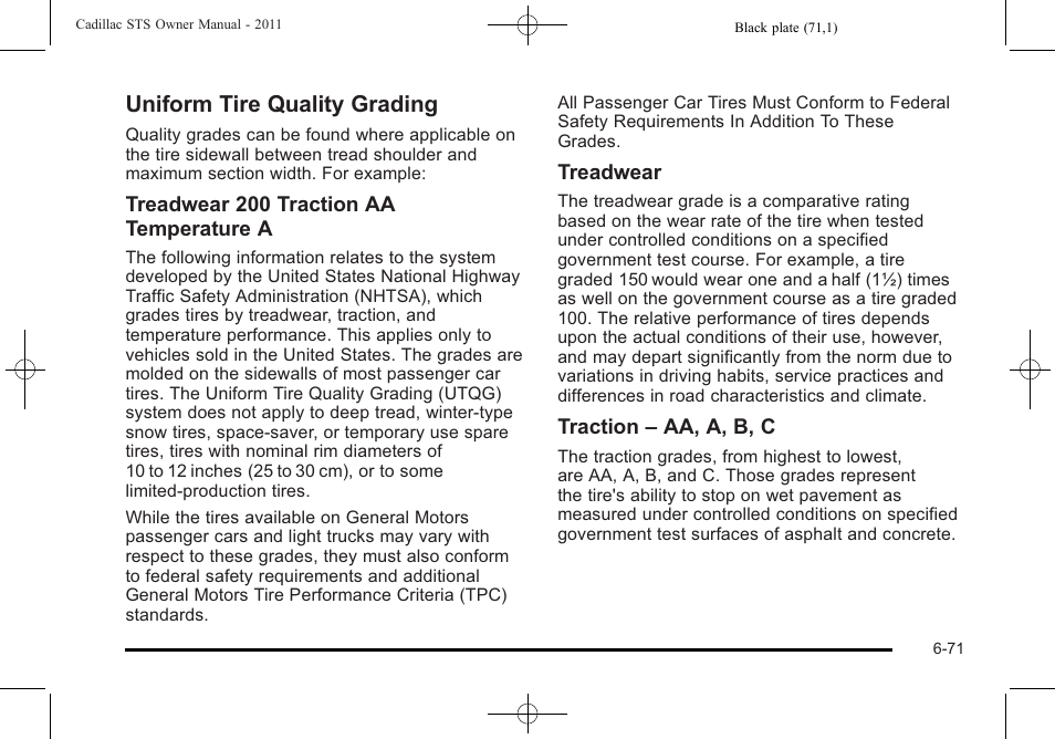 Uniform tire quality grading, Uniform tire quality grading -71, Wood | Cadillac 2011 STS User Manual | Page 421 / 528