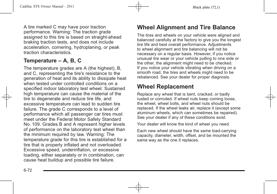 Wheel alignment and tire balance, Wheel replacement, Temperature – a, b, c | Cadillac 2011 STS User Manual | Page 422 / 528