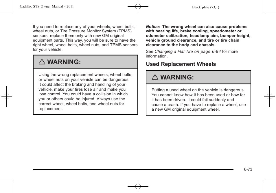 Warning | Cadillac 2011 STS User Manual | Page 423 / 528