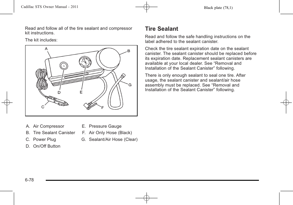 Tire sealant | Cadillac 2011 STS User Manual | Page 428 / 528