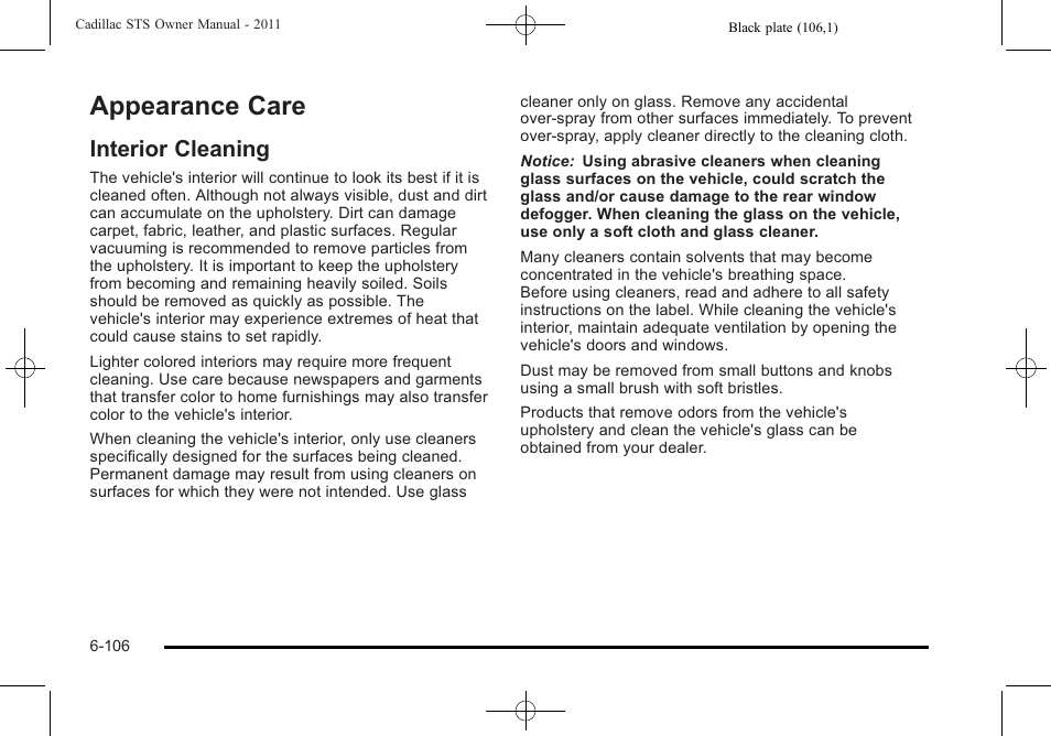 Appearance care, Interior cleaning, Appearance care -106 | Customer assistance and information, Interior cleaning -106 | Cadillac 2011 STS User Manual | Page 456 / 528