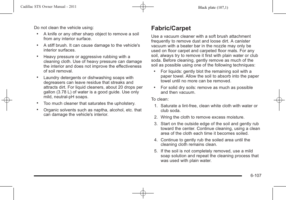 Fabric/carpet, Fabric/carpet -107 | Cadillac 2011 STS User Manual | Page 457 / 528