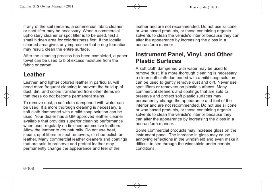 Leather, Surfaces -108 | Cadillac 2011 STS User Manual | Page 458 / 528