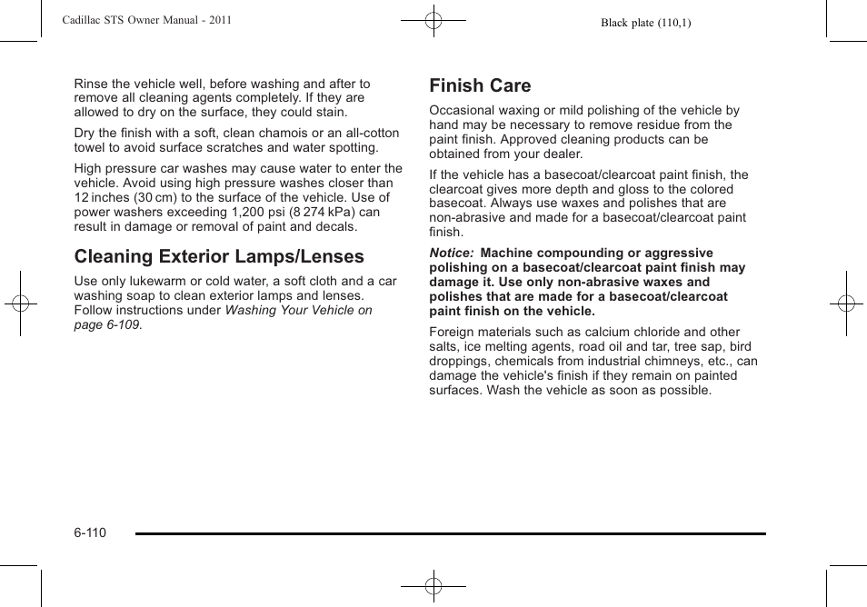 Cleaning exterior lamps/lenses, Finish care, Cleaning exterior lamps/lenses -110 | Care -110 | Cadillac 2011 STS User Manual | Page 460 / 528