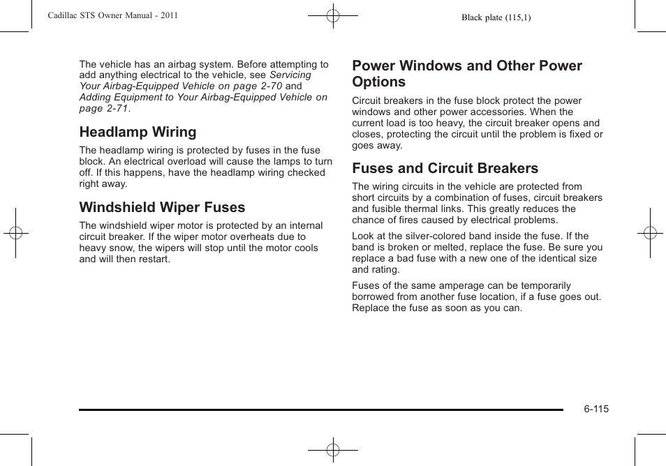 Headlamp wiring, Windshield wiper fuses, Power windows and other power options | Fuses and circuit breakers, Headlamp wiring -115 windshield wiper fuses -115 | Cadillac 2011 STS User Manual | Page 465 / 528