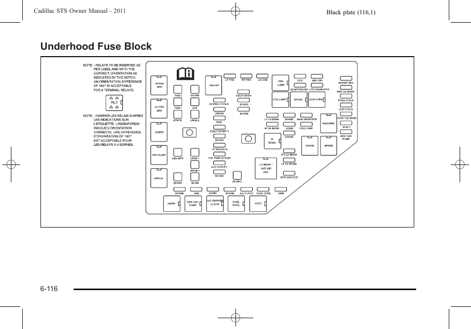 Underhood fuse block, Underhood fuse block -116, Underhood fuse | Cadillac 2011 STS User Manual | Page 466 / 528