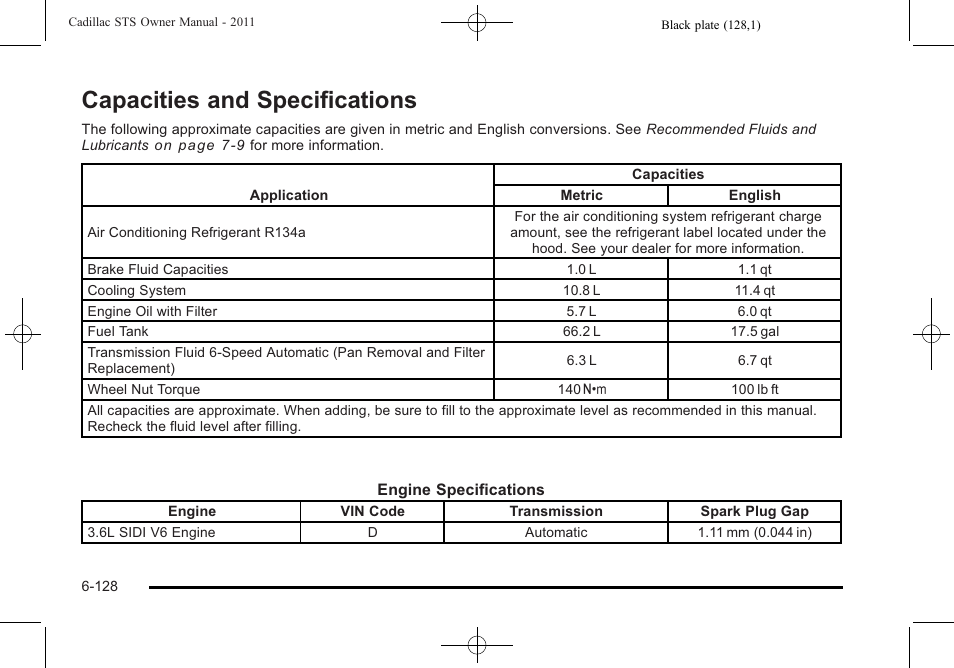 Capacities and specifications, Capacities and specifications -128, Index | Cadillac 2011 STS User Manual | Page 478 / 528