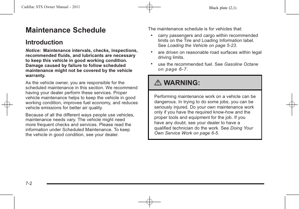 Maintenance schedule, Introduction, Maintenance schedule -2 | Introduction -2, Warning | Cadillac 2011 STS User Manual | Page 480 / 528