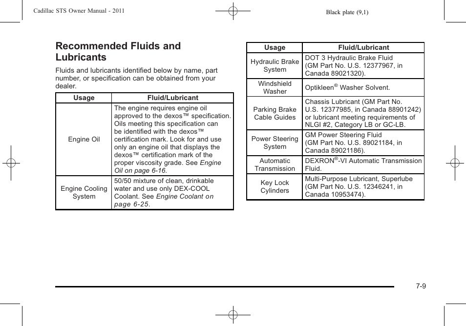 Recommended fluids and lubricants, Recommended fluids and lubricants -9 | Cadillac 2011 STS User Manual | Page 487 / 528