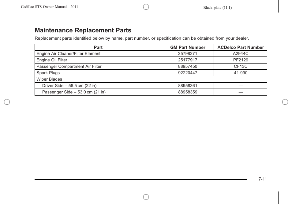 Maintenance replacement parts, Maintenance replacement parts -11 | Cadillac 2011 STS User Manual | Page 489 / 528