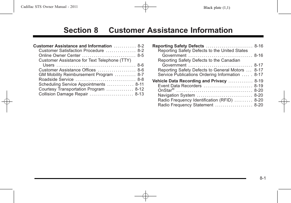 Customer assistance information | Cadillac 2011 STS User Manual | Page 495 / 528