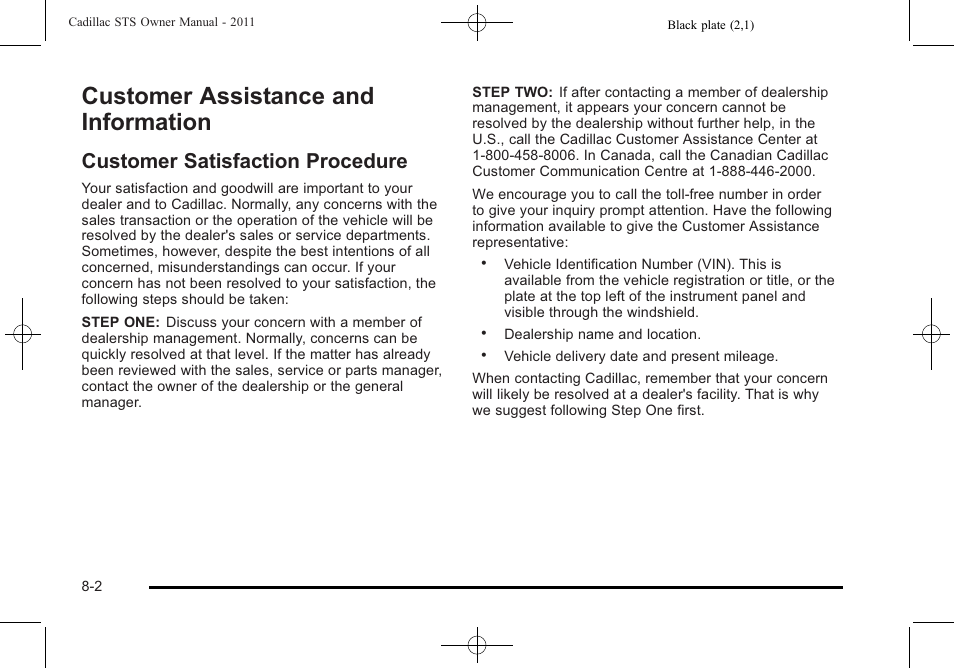 Customer assistance and information, Customer satisfaction procedure, Customer assistance and information -2 | Customer satisfaction procedure -2 | Cadillac 2011 STS User Manual | Page 496 / 528