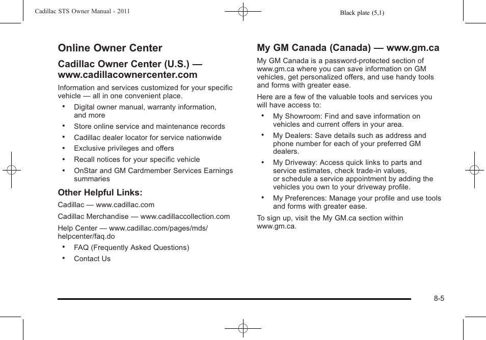 Online owner center, Online owner center -5, Other helpful links | Cadillac 2011 STS User Manual | Page 499 / 528