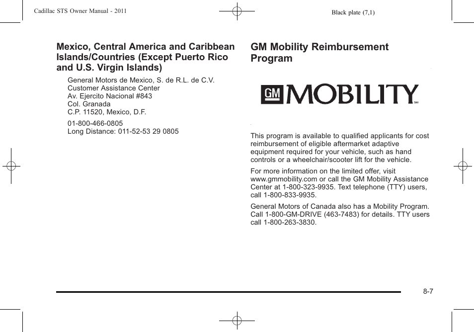 Gm mobility reimbursement program, Gm mobility reimbursement program -7 | Cadillac 2011 STS User Manual | Page 501 / 528