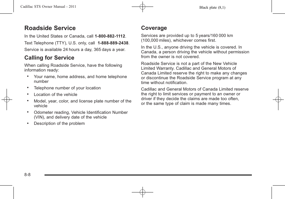 Roadside service, Roadside service -8, Vehicle data | Calling for service, Coverage | Cadillac 2011 STS User Manual | Page 502 / 528