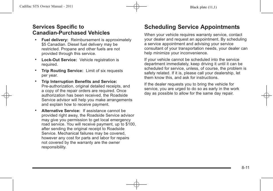 Scheduling service appointments, Scheduling service appointments -11, Services specific to canadian‐purchased vehicles | Cadillac 2011 STS User Manual | Page 505 / 528