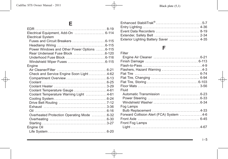 Index_e, Index_f | Cadillac 2011 STS User Manual | Page 519 / 528