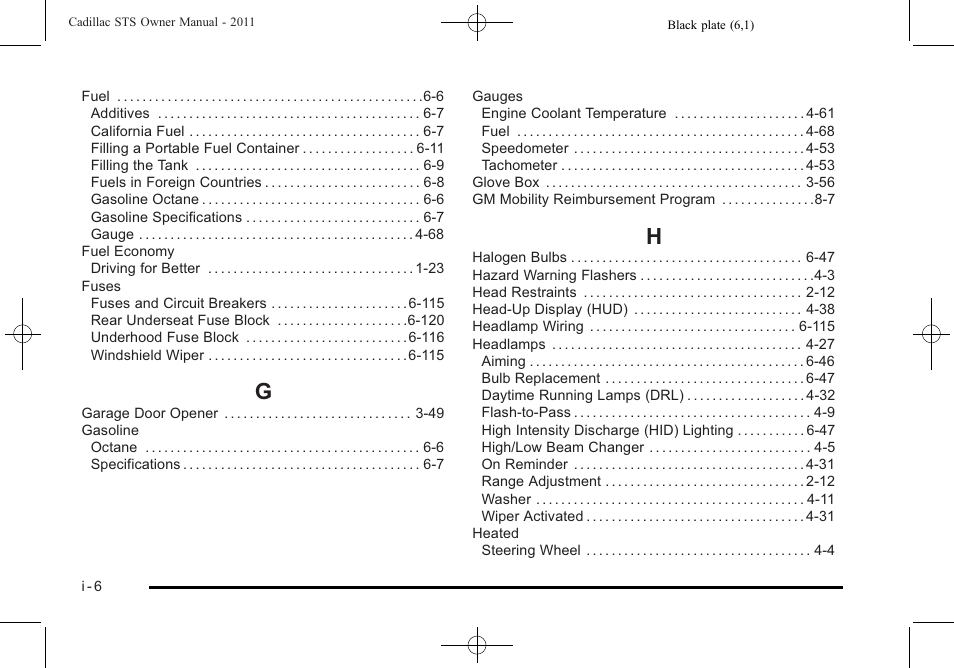 Index_g, Index_h | Cadillac 2011 STS User Manual | Page 520 / 528