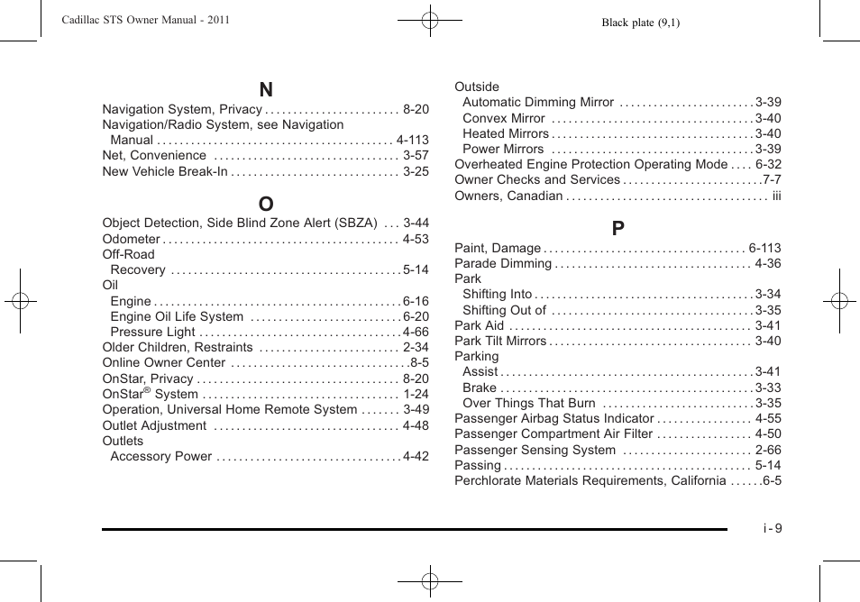 Index_n, Index_o, Index_p | Cadillac 2011 STS User Manual | Page 523 / 528