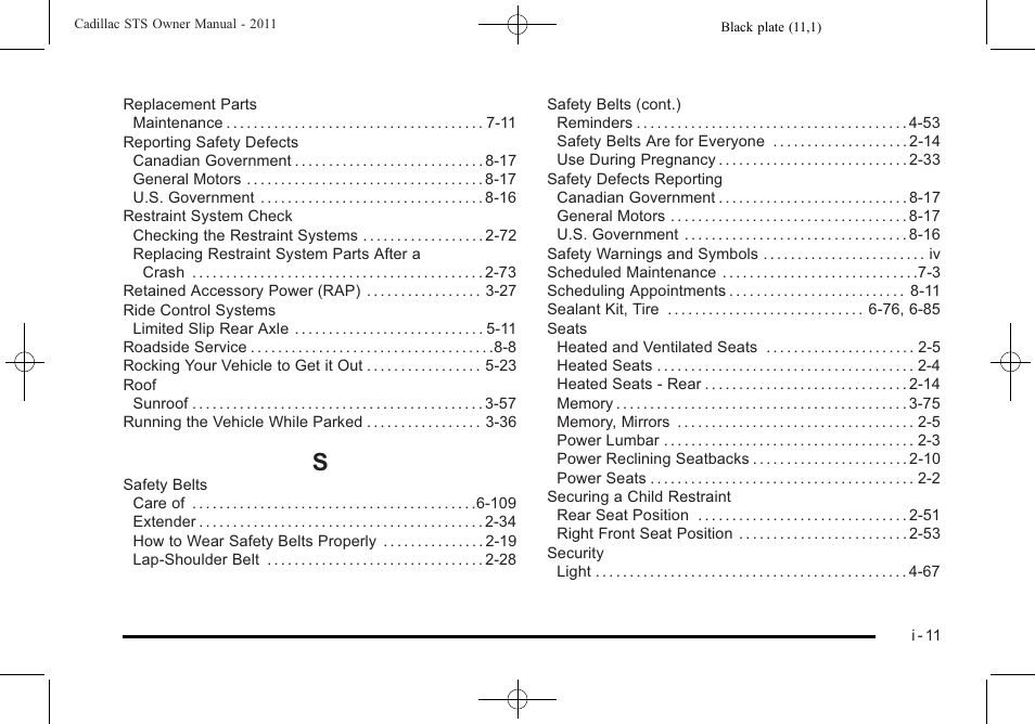 Index_s | Cadillac 2011 STS User Manual | Page 525 / 528