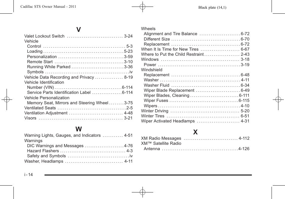 Index_v, Index_w, Index_x | Cadillac 2011 STS User Manual | Page 528 / 528