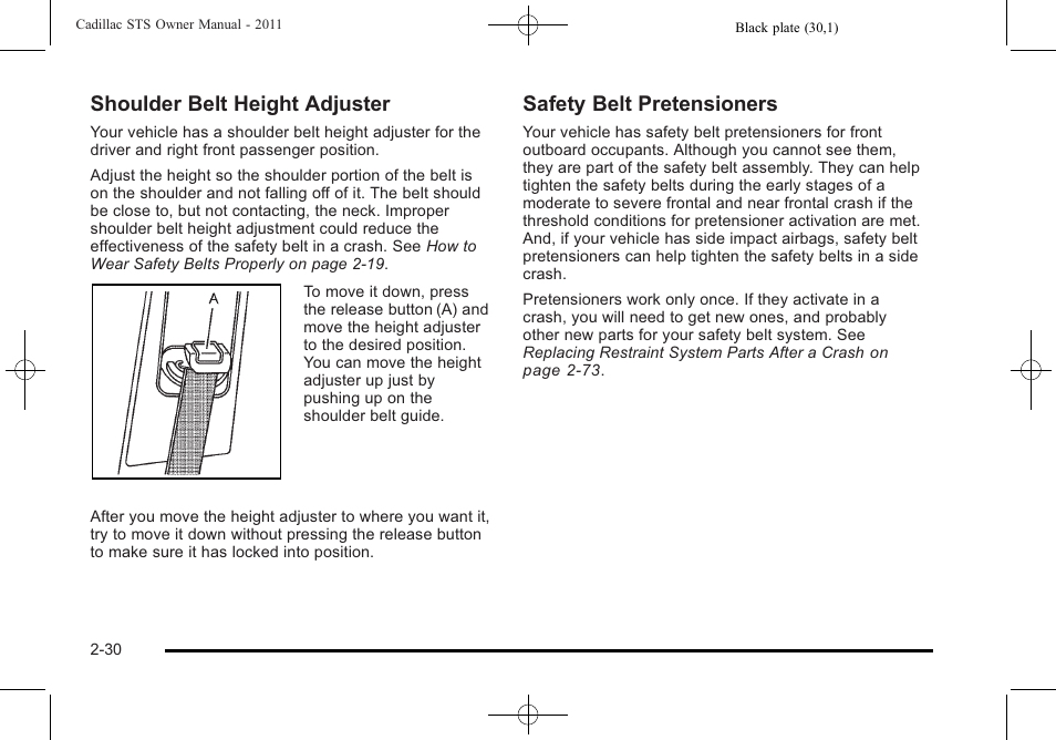 Shoulder belt height adjuster, Safety belt pretensioners | Cadillac 2011 STS User Manual | Page 62 / 528