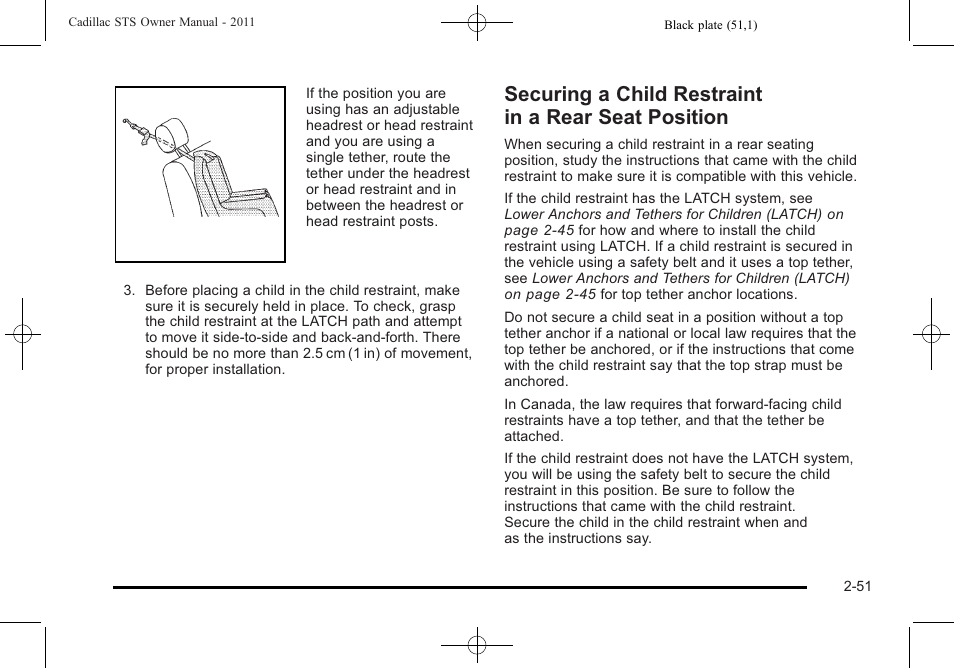 Securing a child restraint in a rear seat position, Securing a child restraint in a rear seat, Position -51 | Cadillac 2011 STS User Manual | Page 83 / 528