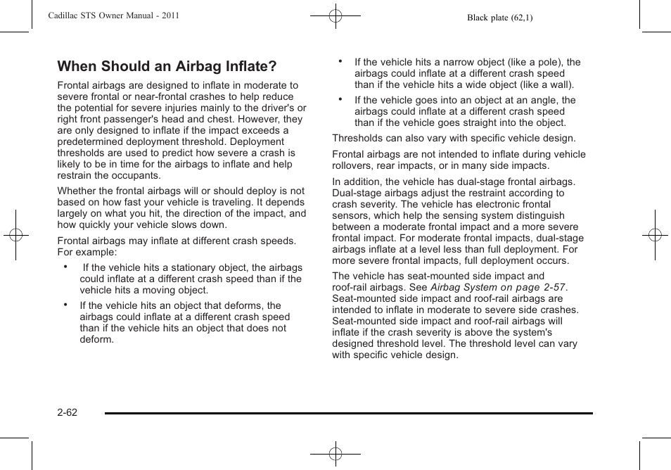 When should an airbag inflate, When should an airbag inflate? -62 | Cadillac 2011 STS User Manual | Page 94 / 528