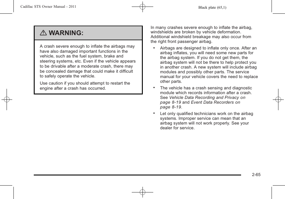 Warning | Cadillac 2011 STS User Manual | Page 97 / 528